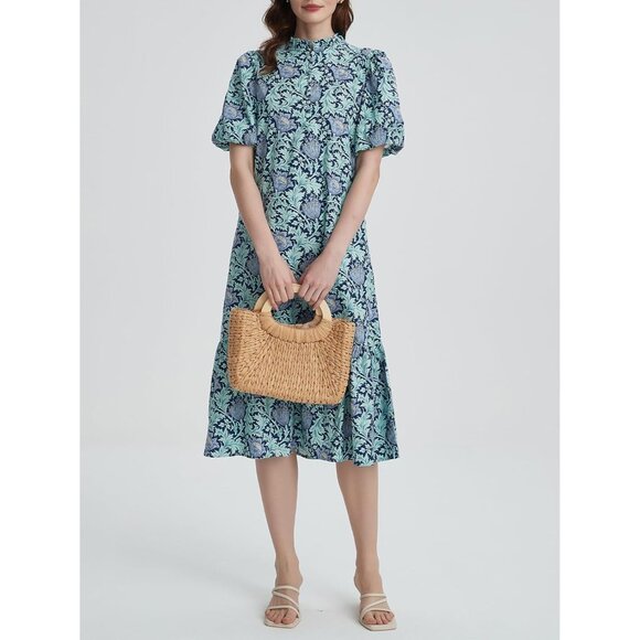 Summer Floral Cotton Midi Dress Women Puff Sleeve Button Pockets Boho - Picture 5 of 6